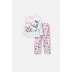 HELLO KITTY - Pijama de blanca y rosada de camiseta manga larga para niña 2T a 5T