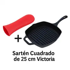 VICTORIA - Combo Sartén Cuadrado de Hierro Fundido de 25 Cm + Mango de Silicona
