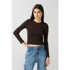 KOAJ - Camiseta cuello redondo manga larga, silueta ajustada. Mujer