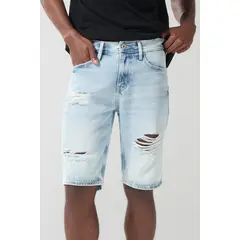 KOAJ - Bermuda slim azul en jean tiro bajo con rotos en frente Hombre