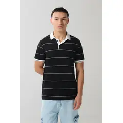 KOAJ - Camiseta polo negra a rayas con manga corta y botones Hombre