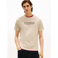 TOMMY HILFIGER - Camiseta beige de cuello redondo con logo