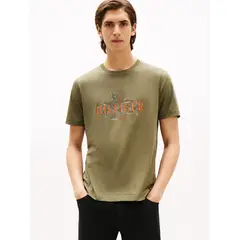 TOMMY HILFIGER - Camiseta verde de cuello redondo con logo tropical