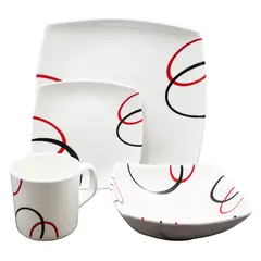 KITCHENWARE - VAJILLA EN MELAMINA BLANCA CON DISEÑO ONDAS ROJAS Y NEGRAS