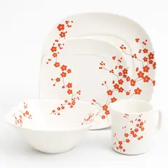 KITCHENWARE - VAJILLA EN MELAMINA IMPERIAL BLANCA FLORES ROJAS SEMI CUADRADA 16 PIEZAS