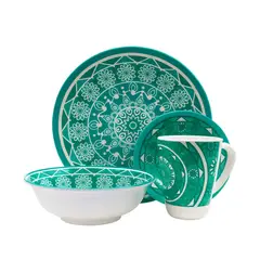 KITCHENWARE - Vajilla 16 Piezas Melamina Verde Redonda con Diseño Blanco