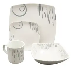 KITCHENWARE - Vajilla 16 Piezas Aster Melamina Blanca con Diseño Gris Redonda
