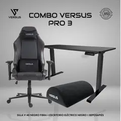 VERSUS - Combo Pro 3 + Silla Gamer Premium V40 + Escritorio Eléctrico Negro + Reposapiés negro