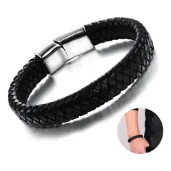 GENERICO - Pulsera Cuero Trenzado Moda Vintage Cierre Magnético Unisex