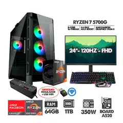 AMD - PC RYZEN 7 5700G+ MONITOR 24 FHD 120HZ+ RAM 64GB+ SSD 1TB+ REGULADOR+ USB WIFI