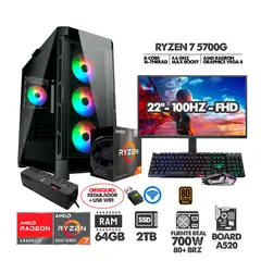 AMD - PC R7 5700G+ MONITOR 22 FHD 100HZ+ RAM 64GB+SSD 2TB+ 700W+ REGULADOR+ USB WIFI