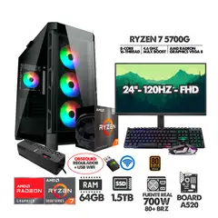 AMD - PC R7 5700G+ MONITOR 24 FHD 120HZ+ RAM 64GB+SSD 1,5TB+ 700W+ REGULADOR+ USB WIFI