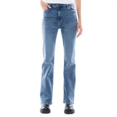 COLOR BLUE - High Waist Flare Jeans Tono Medio Con Desgastes