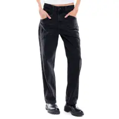 COLOR BLUE - Black Denim Mom Fit Jeans Con Bolsillos Tipo Parche