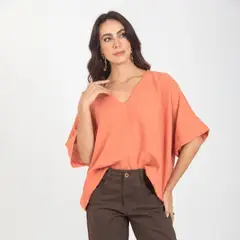 ADRISSA - Blusa Escote V Para Mujer En Tela Con Efecto Lino Terracota
