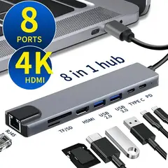 GENERICO - Hub Adaptador Usb C 8 En 1 Multipuerto Ethernet Concentrador Multiplicador Rj45 Aluminio