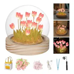 GENERICO - Lámpara Tulipanes LED Cúpula de Cristal Recargable USB Base Madera