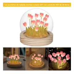 GENERICO - Lámpara Tulipanes LED Cúpula de Cristal Recargable USB Base Madera
