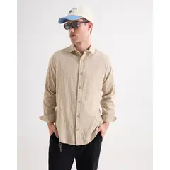 SEVEN SEVEN - Camisa Cuadro Fino Manga Larga Para Hombre Beige