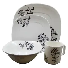 KITCHENWARE - Vajilla 16 Piezas Melamina Imperial Blanca Flores Negras Moderna