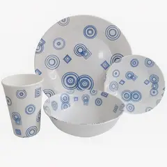 KITCHENWARE - VAJILLA CLASICA EN MELAMINA BLANCA CON DISEÑO AZUL