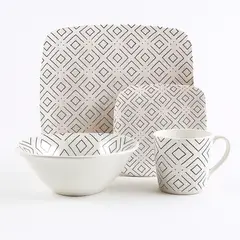 KITCHENWARE - VAJILLA EN MELAMINA PRIMAVERA BLANCA LINEAS NEGRAS BORDE CUADRADO 16 PIEZAS