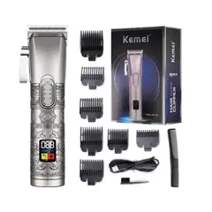 KEMEI - Maquina Cortadora De Cabello Km-1937 Color Plateada Con Pantalla