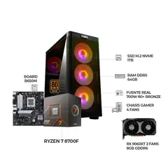 AMD - COMPUTADOR GAMER RYZEN 7 8700F + RX 9060XT 8GB - RAM 64GB SSD 1TB M.2 CHASIS RGB