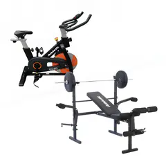 ATHLETIC - Combo Cardio- MultiFuerza Banco de pesas Multifuerza plegable + Bicicleta Estática Spinning 550BS
