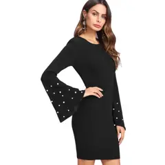 NEGRELI - Vestido Negro Corto con Mangas Acampanadas y Detalles de Perlas