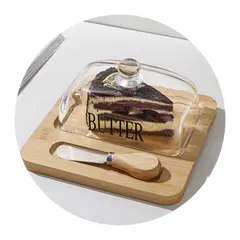 MULTIPLACE COLOMBIA - Mantequillero con Tapa de Vidrio Base de Bambú y Cuchillo