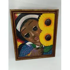 USA - Cuadro Niña Campesina Y Girasoles Oleo Sobre Lienzo Firmado