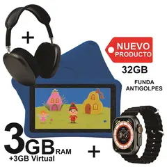 KRONO - Tablet Niños 3GB RAM Android 13 32GB Wifi AZUL+ DIADEMA +RELOJ