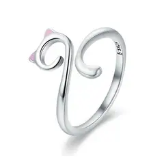 ALHAJAS - Anillo Ajustable Mujer Dama Gato Rosa Fabricado En Plata 925