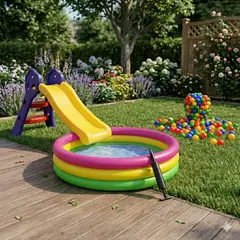 INTEX - Piscina 147 cm + Rodadero para Niños + 200 Pelotas Neón
