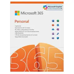 MICROSOFT - Office 365 Personal, 12 Meses, PIN Original, 5 Dispositivos, 1 TB.