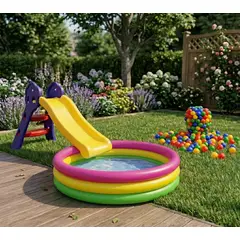INTEX - Piscina 147 cm + Rodadero para Niños + 300 Pelotas Neón