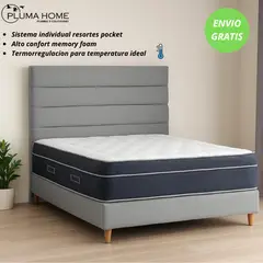 PLUMA HOME - Cama NORWAY, Colchón Memory Foam + Basecama + Cabecero 140 x 190