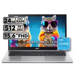 ACER - PORTÁTIL INTEL CORE i3 1215U RAM 24GB SSD 512GB 156″ FHD SILVER