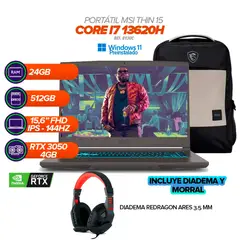 MSI - Thin 15 B13UC / Core i7-13620H / 24GB RAM / SSD 512GB / RTX 3050 / 15.6” FHD 144Hz + Morral