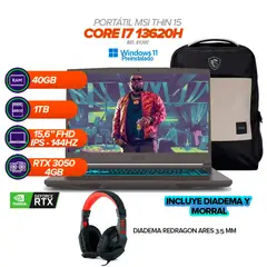 MSI - Thin 15 B13UC / Core i7-13620H / 40GB RAM / SSD 1TB / RTX 3050 / 15.6” FHD 144Hz + Morral