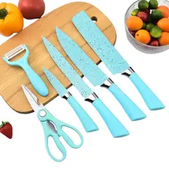 GENERICO - Set de Cuchillos 6 Piezas Acero Inoxidable Mármol Ergonómico Azul