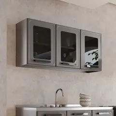 BERTOLINI - Gabinete superior de cocina 120cm en Acero 3 puertas Con Vidrio Gris