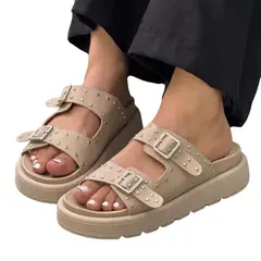 GENERICO - Sandalia Casual Mujer Beige con Doble Hebilla