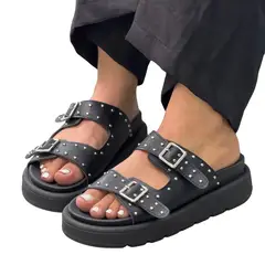 GENERICO - Sandalia Negra Mujer con Hebillas Ajustables