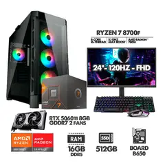 AMD - PC GAMER RYZEN 7 8700F - RTX 5060TI - 16GB RAM SSD 512GB - MONITOR 24" FHD 120HZ - IDEAL PARA GAMING