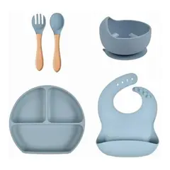 GENERICO - Vajillas para bebe BPA FREE silicona azul cuchara tenedor