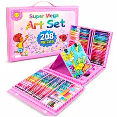 ONE PIXEL - Set De Arte Para Niños 208 Piezas Crayones Pinturas Y Blog De Dibujos Rosado
