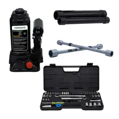 FERRENOVO - Kit Gato Hidráulico 6T + Copas Ratchet 52 Piezas + Cruceta Galvanizada