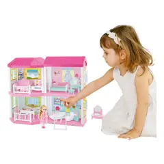 DISTRIONLINE - Casa De Muñecas 4 Pisos Con Luces Muebles y Figuras, 136 Piezas